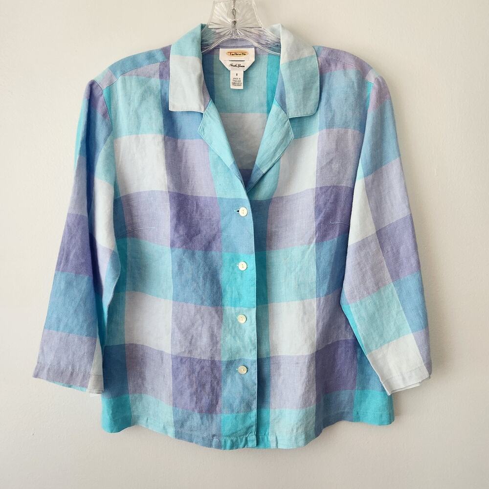 Talbots Irish Linen Top Womens 8 Blue Plaid Button Up Shirt Coastal Beach Preppy